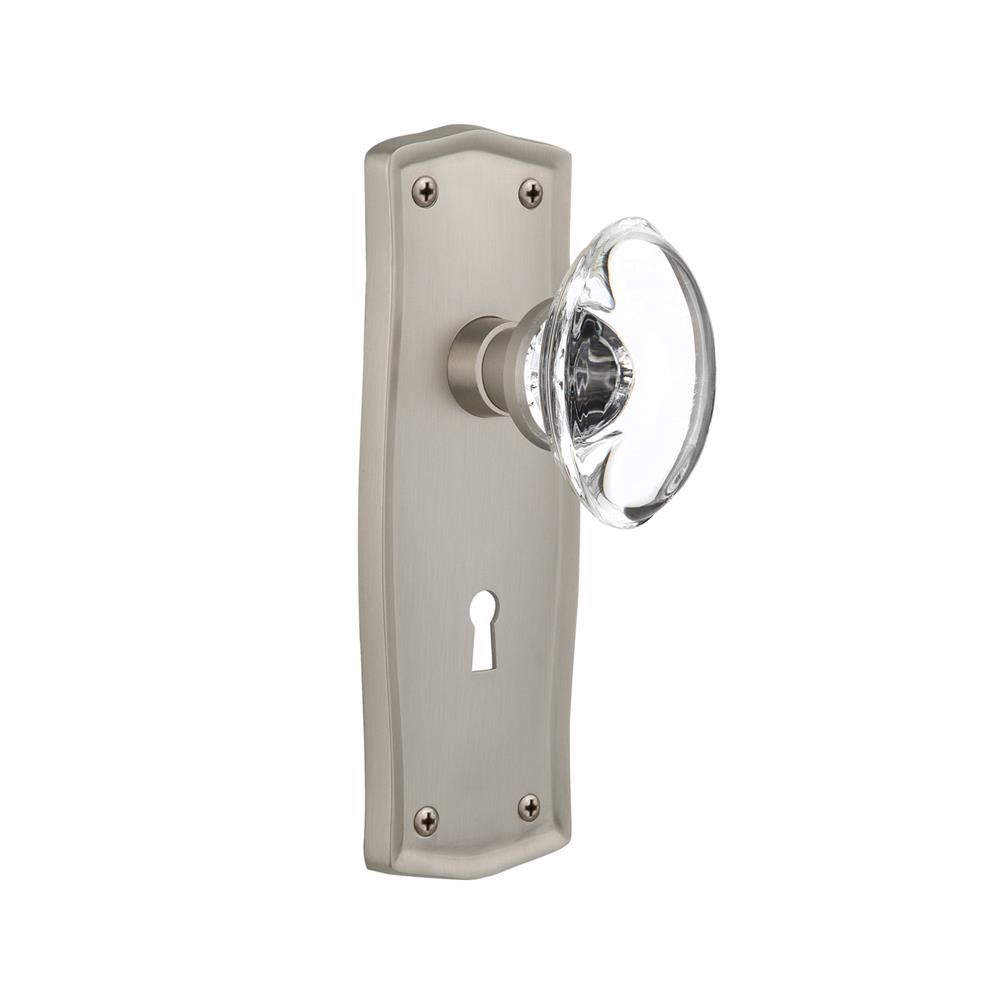 Nostalgic Warehouse PRAOCC Passage Knob Prairie Plate with Oval Clear Crystal Knob with Keyhole in Satin Nickel
